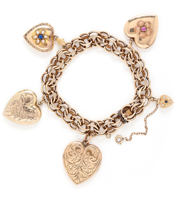 Vintage Victorian Gold Filled Heart Charm Locket Bracelet With Crystal Accents