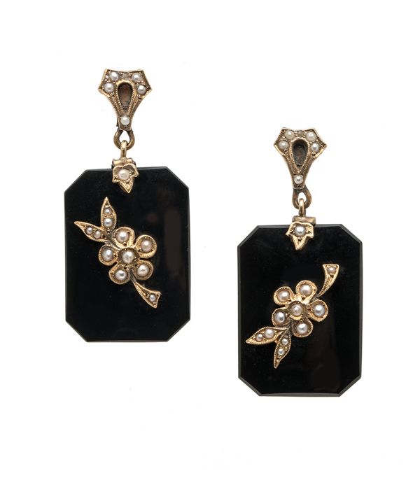 Victorian Black Onyx Rose Gold Pearl Earrings