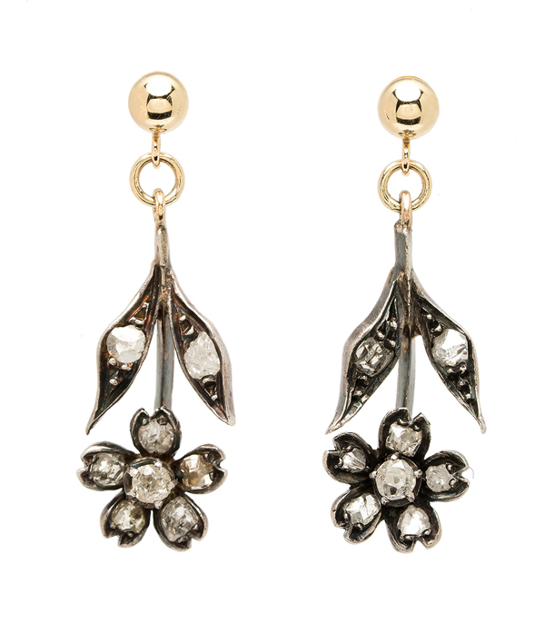 Victorian Rose Cut Diamond Hanging Flower Earrings