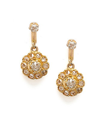 Vintage Floral 18K Yellow Gold Diamond Cluster Drop Earrings for Unique Engagement Rings curated by Sofia Kaman