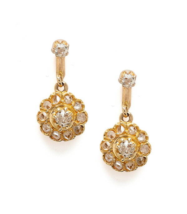 18K Yellow Gold Diamond Cluster Drop Earrings for Unique Engagement Rings curated by Sofia Kaman.
