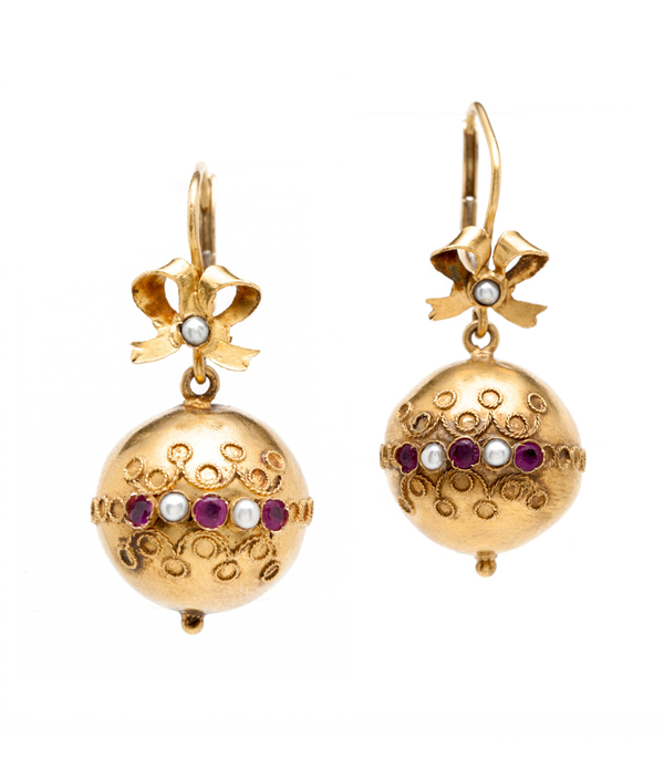 Vintage Victorian 18K Yellow Gold Ruby Pearl Bauble Earrings curated by Sofia Kaman.  This piece has been sold and is in Vintage Archive.