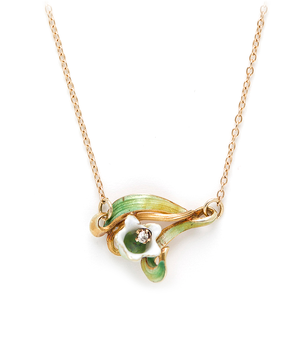 Art Nouveau 14K Gold Enamel Diamond Lily of the Valley Flower Bohemian Necklace curated by Sofia Kaman