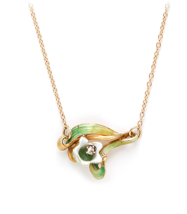 Art Nouveau 14K Gold Enamel Diamond Lily of the Valley Flower Bohemian Necklace curated by Sofia Kaman.  This piece has been sold and is in Vintage Archive.