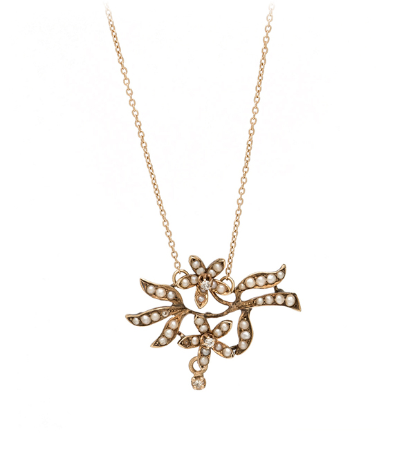 Vintage Victorian Rose Gold Leave Flower Vine Pearl Diamond Pendant Necklace