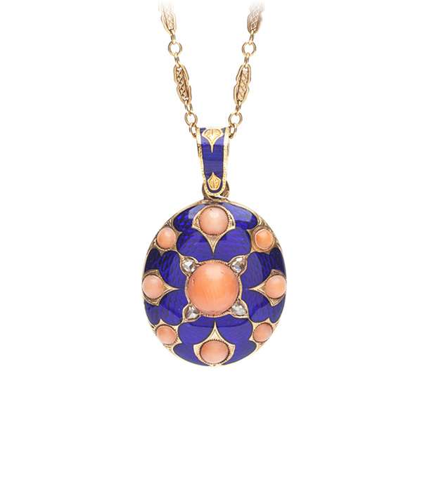 A true gem, this rose cut diamond enamel and coral vintage Victorian locket necklace is full of sentiment and intricate details. Beautifully crafted in 15K gold, featuring blue guilloche enamel, coral cabochons, and rose cut diamond accents. The reverse of this piece holds an opening compartment ready to keep a photo of your loved one close to your heart.This rose cut diamond enamel coral vintage Victorian locket necklace makes a fashionable statement, in royal blue and light pink yet holds a romantic secret at its heart that is ages old.* chain sold separately curated by Sofia Kaman.  This piece has been sold and is in Vintage Archive.