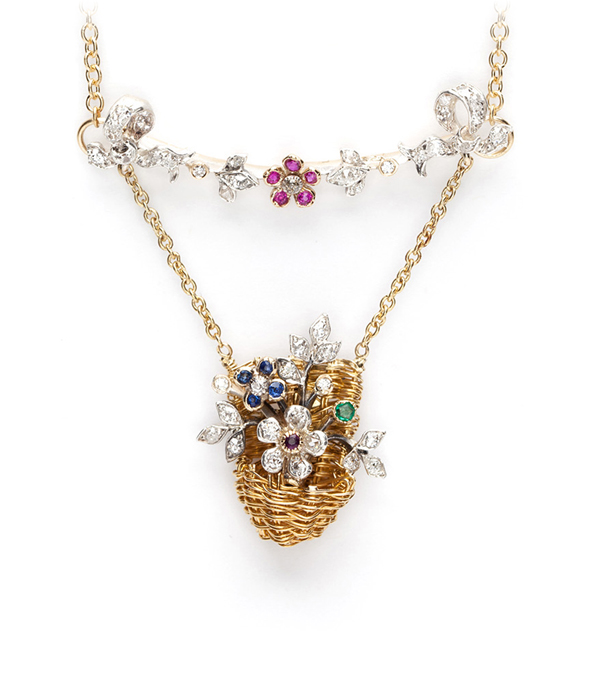 Emerald Diamond Sapphire Ruby Vintage Flower Basket Gold Necklace