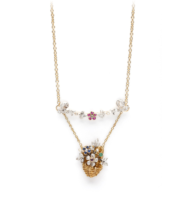 Emerald Diamond Sapphire Ruby Vintage Flower Basket Gold Necklace