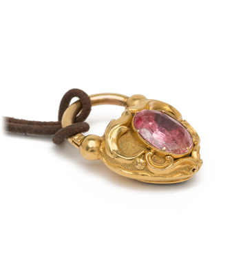 15K Gold Antique Victorian Pink Topaz November Birthstone Heart Locket with Leather Cord curated by Sofia Kaman