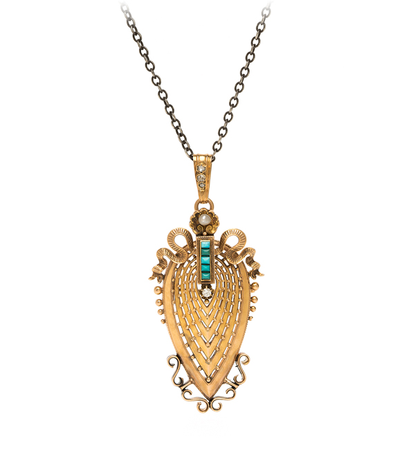 Victorian Vintage Pear Shape 18K French Rose Gold Rose Cut Diamond Turquoise Pearl Badge of Honor Necklace curated by Sofia Kaman.
