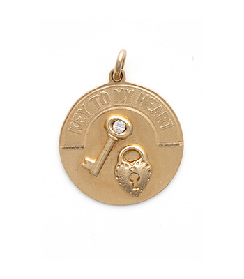 14K Gold Vintage Key Heart Locket Charm Pendant for Engagement Rings for Women designed by Sofia Kaman handmade in Los Angeles