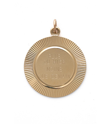 14K Gold Vintage More Than Yesterday Less Than Tomorrow Large Disk Charm Pendant for Gift for Girlfriend. designed by Sofia Kaman handmade in Los Angeles