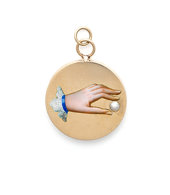 Gold and Enamel Vintage Victorian Hand and Pearl Good Luck Charm Pendant curated by Sofia Kaman