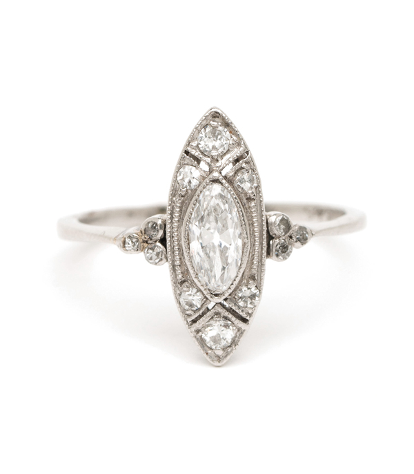 Edwardian Platinum Marquis Cut Diamond Unique Vintage Engagement Ring curated by Sofia Kaman.  This piece has been sold and is in Vintage Archive.