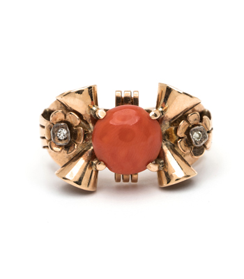 Vintage Art Deco 18K Yellow Gold Orange Coral Cocktail Ring curated by Sofia Kaman