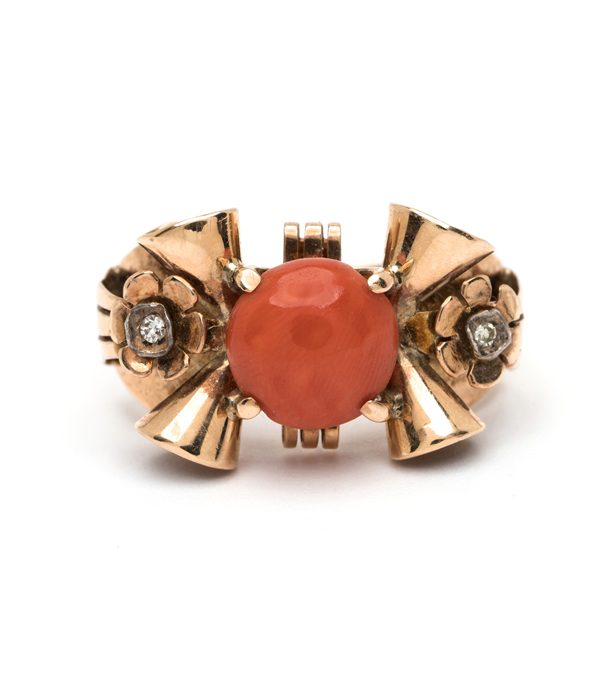 Vintage Art Deco 18K Yellow Gold Orange Coral Cocktail Ring curated by Sofia Kaman.  This piece has been sold and is in Vintage Archive.