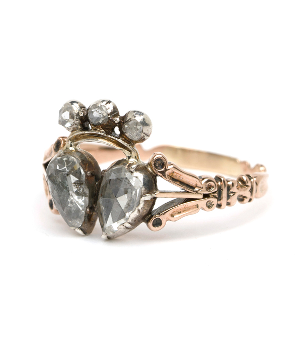 Georgian Rose Cut Diamond Double Heart Vintage Engagement Ring