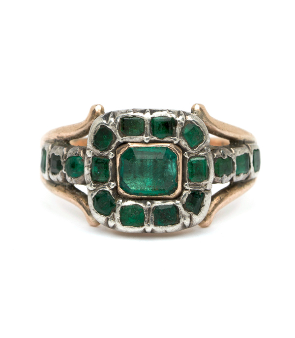 A Georgian emerald ring to envy! Emerald’s lush green hue has soothed souls and excited imaginations since antiquity. The first known emerald mines were in Egypt, dating from at least 330 BC into the 1700s. Cleopatra was known to have a passion for emerald, and used it in her royal adornments. We love this Georgian emerald beauty for its lush green color, low profile and regal presence. We named it “the Cleo” for one of this gem’s original fans! Circa 1780.Size 7.25**SOLD** curated by Sofia Kaman.  This piece has been sold and is in Vintage Archive.