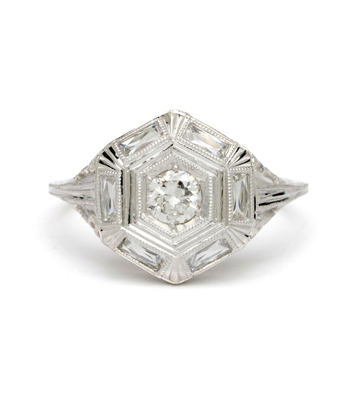 Art Deco 14k White Gold Hexagon French Cut Old Mine Cut Diamond Vintage Engagement Ring curated by Sofia Kaman