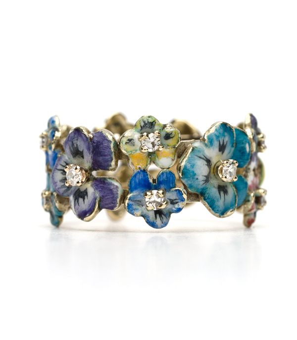 Vintage Art Nouveau Enamel Diamond Pansy Ring