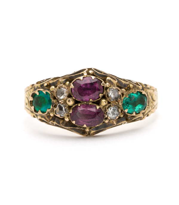 Vintage Ring from Victorian Era with Garnet Emerald Diamond curated by Sofia Kaman.  This piece has been sold and is in Vintage Archive.
