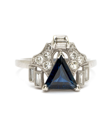 Vintage Art Deco Platinum Triangle Cut Sapphire Diamond Baguete Ring curated by Sofia Kaman
