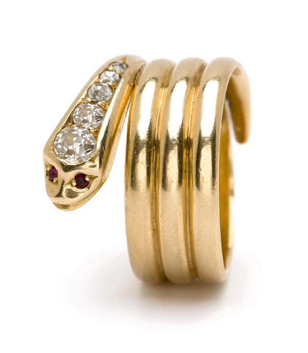 Vintage Victorian Gold Old Mine Cut Diamond Snake Eternal Love Ring curated by Sofia Kaman.  This piece has been sold and is in Vintage Archive.