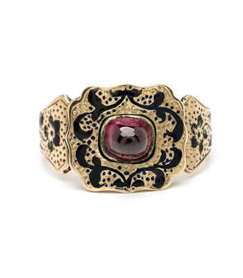 Antique Victorian Black Enamel Garnet January Birthstone Statement Ring curated by Sofia Kaman