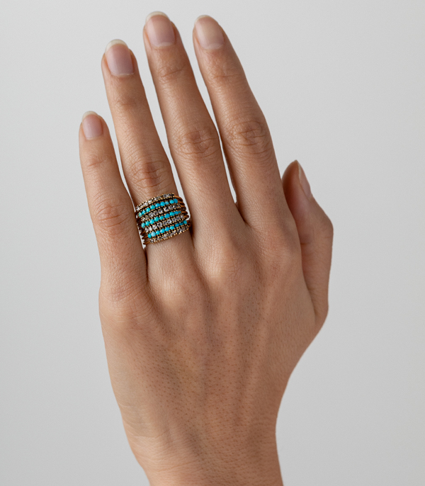 Victorian Rose Cut Diamond Turquoise Harem Ring
