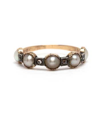One of a Kind Vintage Pearl and Diamond Wedding Band pairs perfect with Vintage Engagement Rings curated by Sofia Kaman