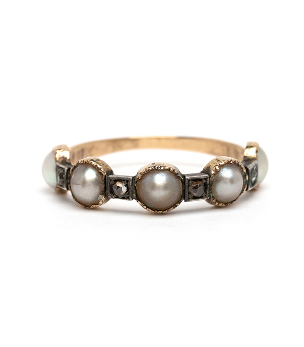 One of a Kind Vintage Pearl and Diamond Wedding Band pairs perfect with Vintage Engagement Rings curated by Sofia Kaman.