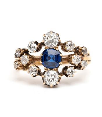 14k Gold Sapphire and Diamond Cluster Vintage Engagement Ring curated by Sofia Kaman