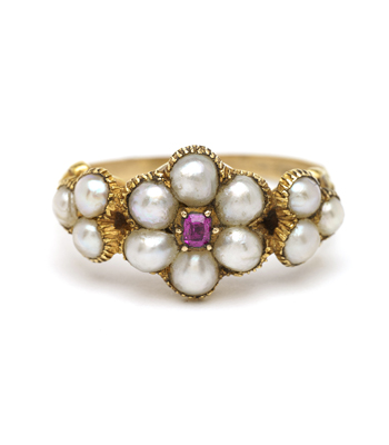Vintage Floral 18k Gold Ruby and Pearl Floral Georgian Statement Ring pairs perfect with Vintage Engagement Rings curated by Sofia Kaman