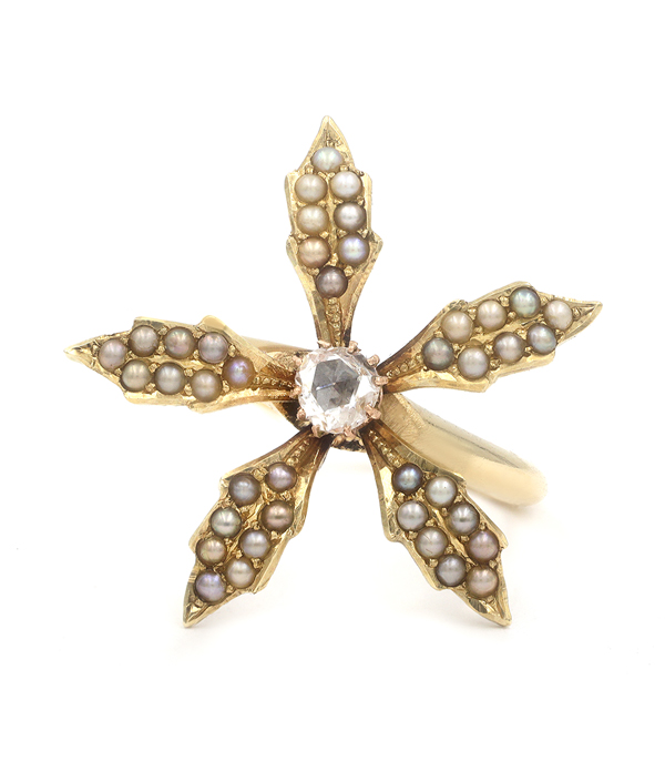 14K Yellow Gold Vintage Victorian Pearl Flower Ring Perfect for Unique Engagement Rings curated by Sofia Kaman.  This piece has been sold and is in Vintage Archive.