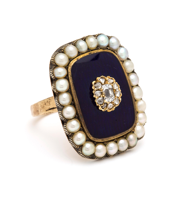 Vintage Victorian Gold Blue Enamel Rose Cut Diamond Regal Statement Ring