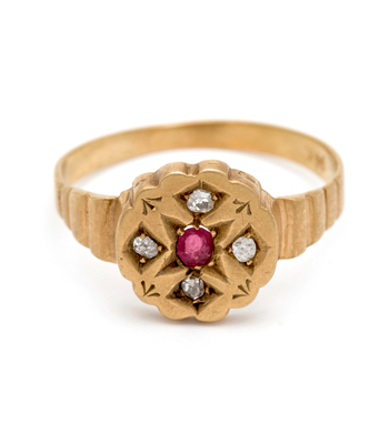Vintage Victorian 14K Yellow Gold Ruby Center Rose Cut Diamond Boho Stacking Ring curated by Sofia Kaman