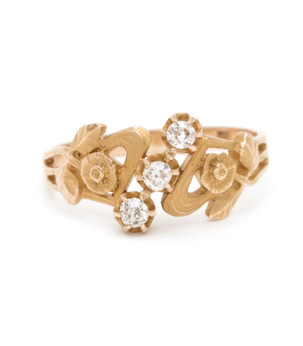 Vintage Art Nouveau Gold Swirling Roses Diamond Engagement Ring Wedding Band