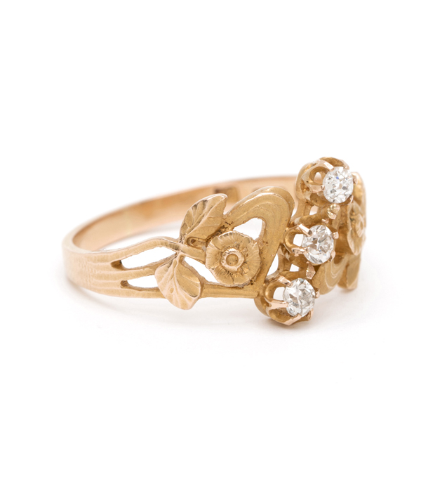 Vintage Art Nouveau Gold Swirling Roses Diamond Engagement Ring Wedding Band