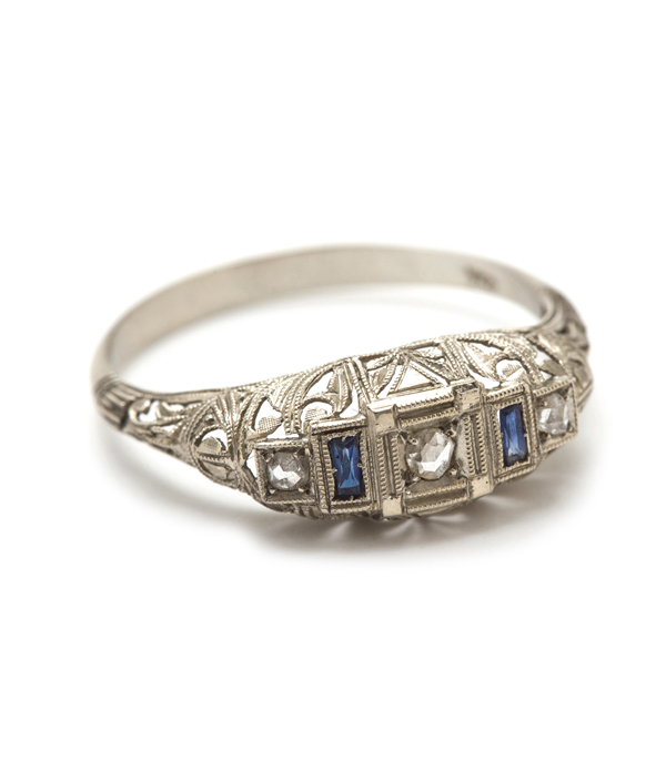 Vintage Art Deco Filigree White Gold Diamond Sapphire Ring