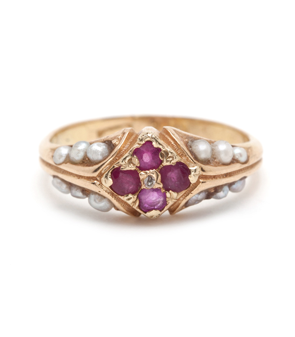 14K Rose Gold Vintage Victorian Ruby Pearl Boho Pinky Ring curated by Sofia Kaman.  This piece has been sold and is in Vintage Archive.
