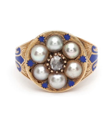 Victorian Forget Me Not Pearl Rose Cut Diamond Enamel Bohemian Vintage Engagement Ring curated by Sofia Kaman
