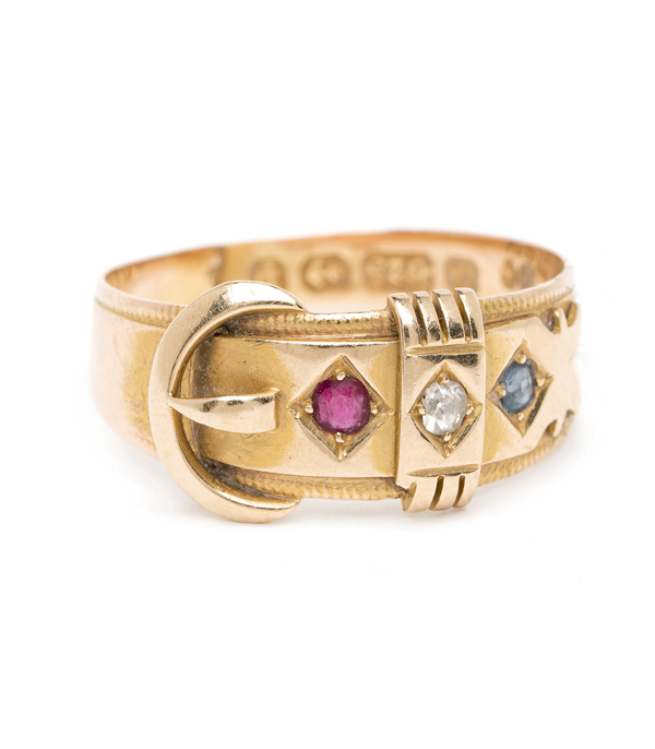 Vintage Victorian 15K Yellow Gold Ruby Diamond Blue Sapphire Buckle Boho Stacking Buckle Ring curated by Sofia Kaman.  This piece has been sold and is in Vintage Archive.