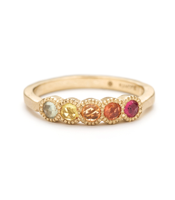 14k Gold 5 Large Bezel Textured Band Rose Cut Rainbow Sapphire Stacking Ring