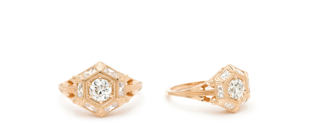 14k Gold Deco Inspired Hexagon Boho Engagement Ring